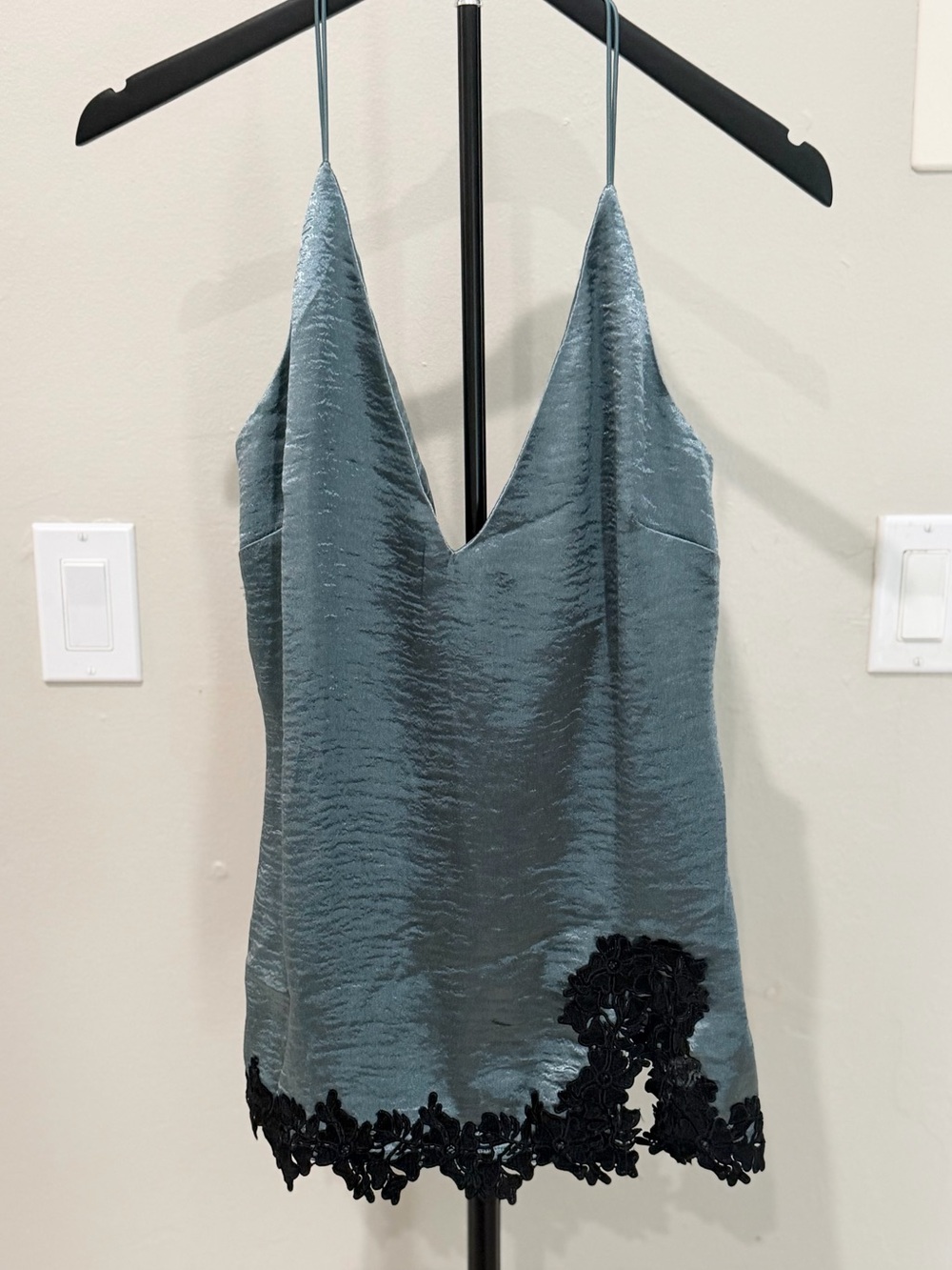 Fashion Nova Slate Blue Satin Cami with Black Lace Hem Y2K Going Out Slip Cami